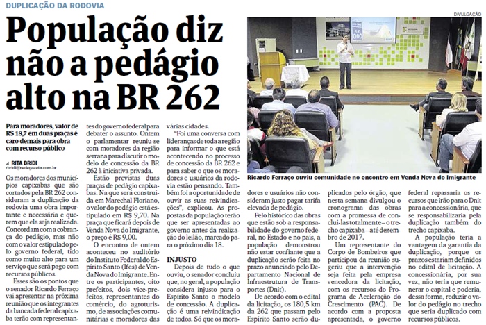 População diz não a pedágio alto na BR 262